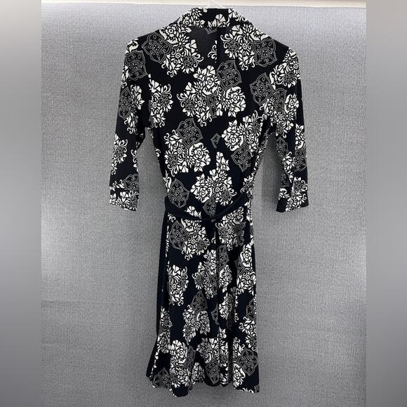 Vintage La Belle Black/White M Floral Midi Wrap Dress‎ 2/3 Sleeves Made In USA - Picture 11 of 11